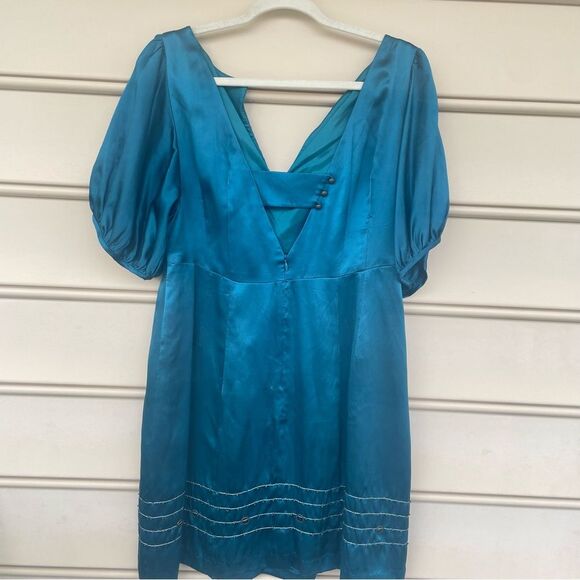 Nanette Lepore Darjeeling Teal Bronze Beaded Embellished Boho Silk Dress Size 12 - Picture 8 of 15